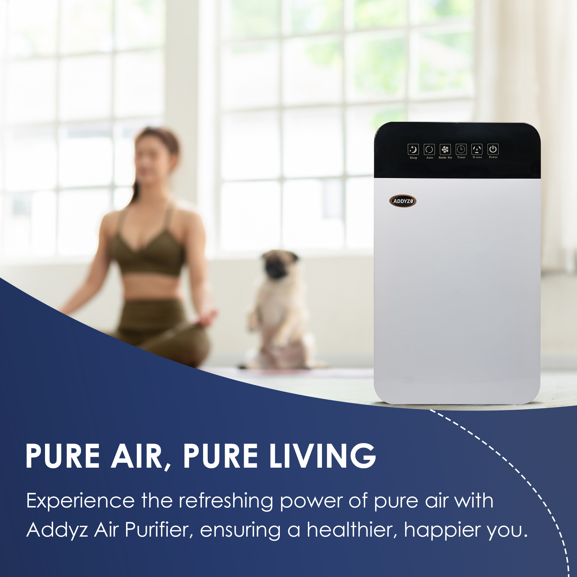 Advanced air purifier with sleek design and brand logo in a modern home setting