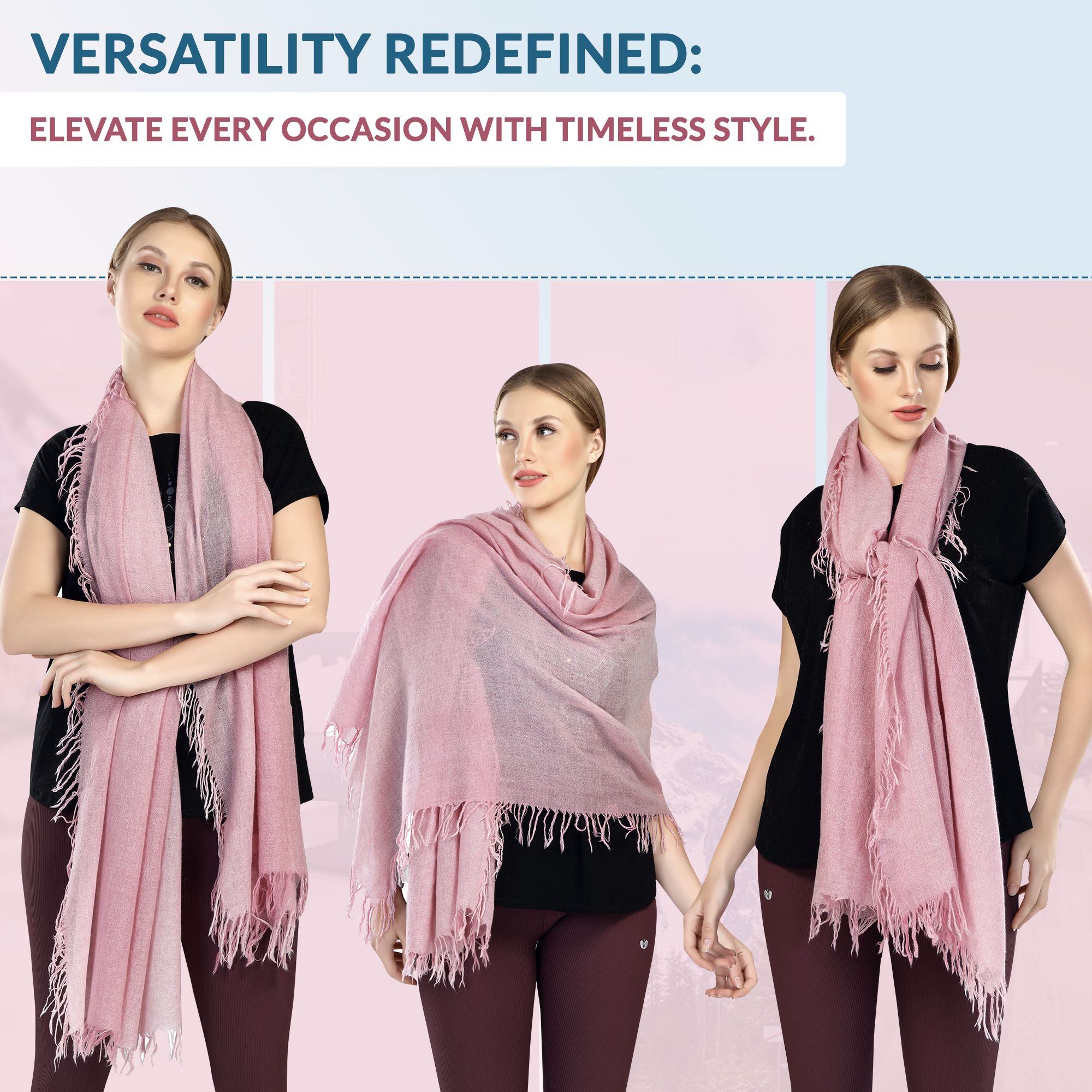 Elegant pink scarf displayed in versatile styles on a model