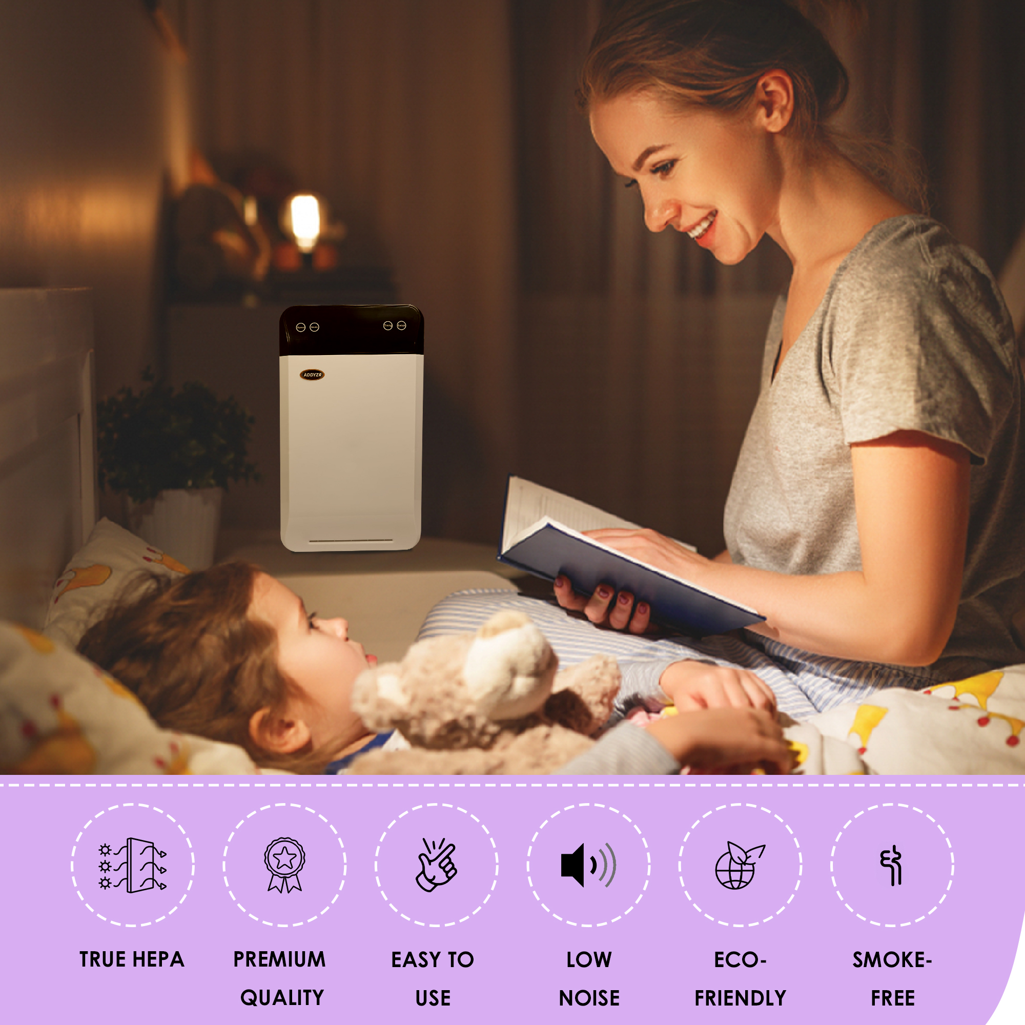 Mother reading to her child next to a premium air purifier with icons highlighting features.