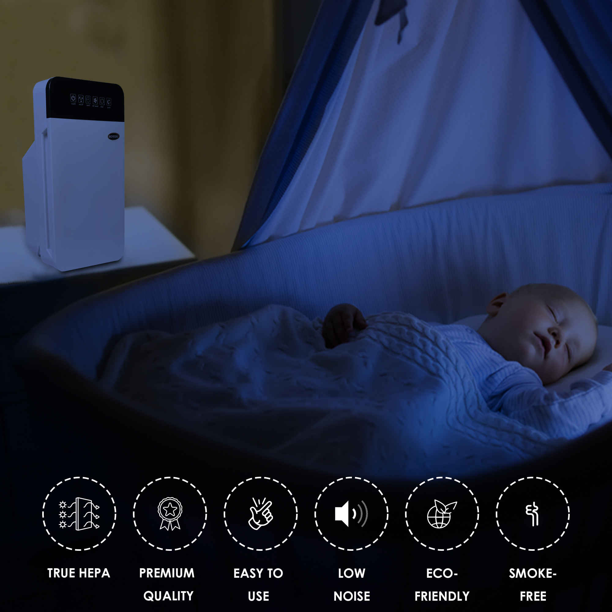 This air purifier is beside a sleeping baby, highlighting features like true HEPA, low noise, and premium quality.