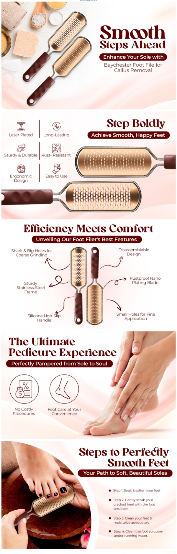 High-quality foot care infographic featuring a premium foot file with ergonomic design and multiple functionalities.