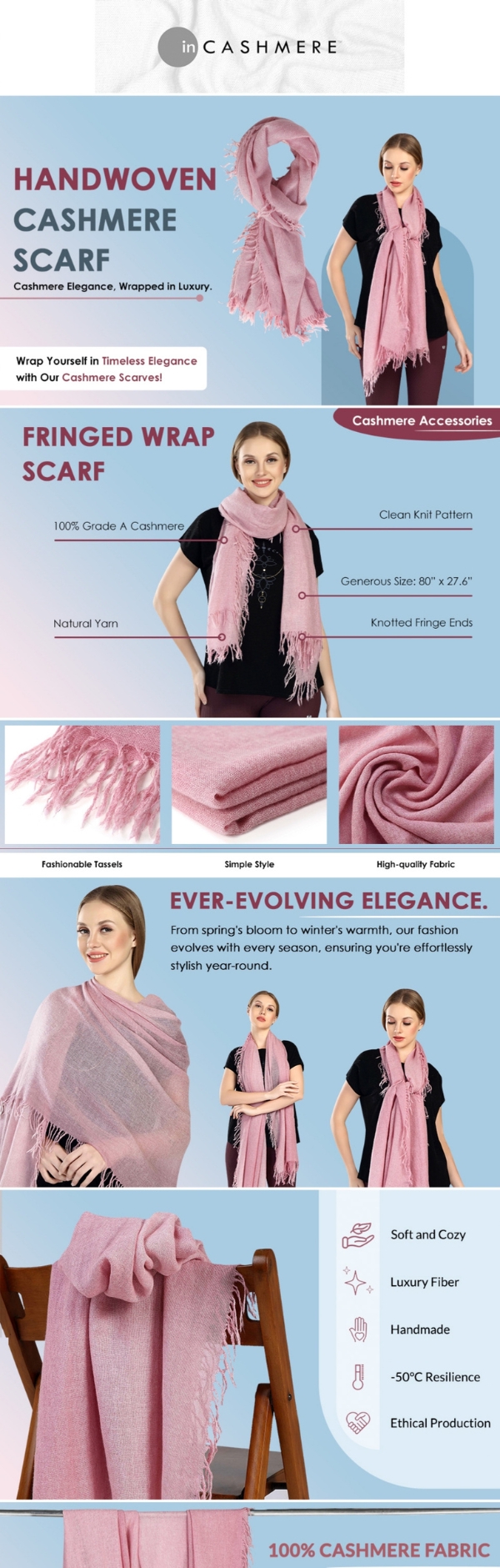 Elegant pink cashmere scarf with fringed ends displayed on models and wooden chairs.