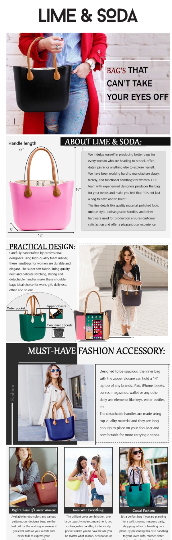 Stylish and versatile handbags from the Lime & Soda brand in various colors. Title:- Best Infographic Image of Trendy Lime & Soda Handbags