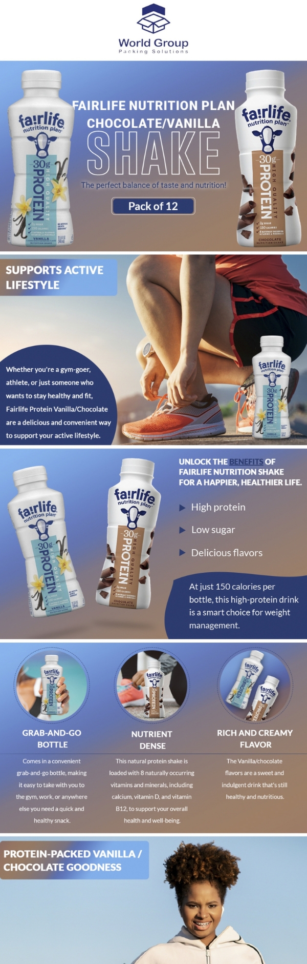 Protein-packed chocolate and vanilla shake bottles with health benefits infographic.